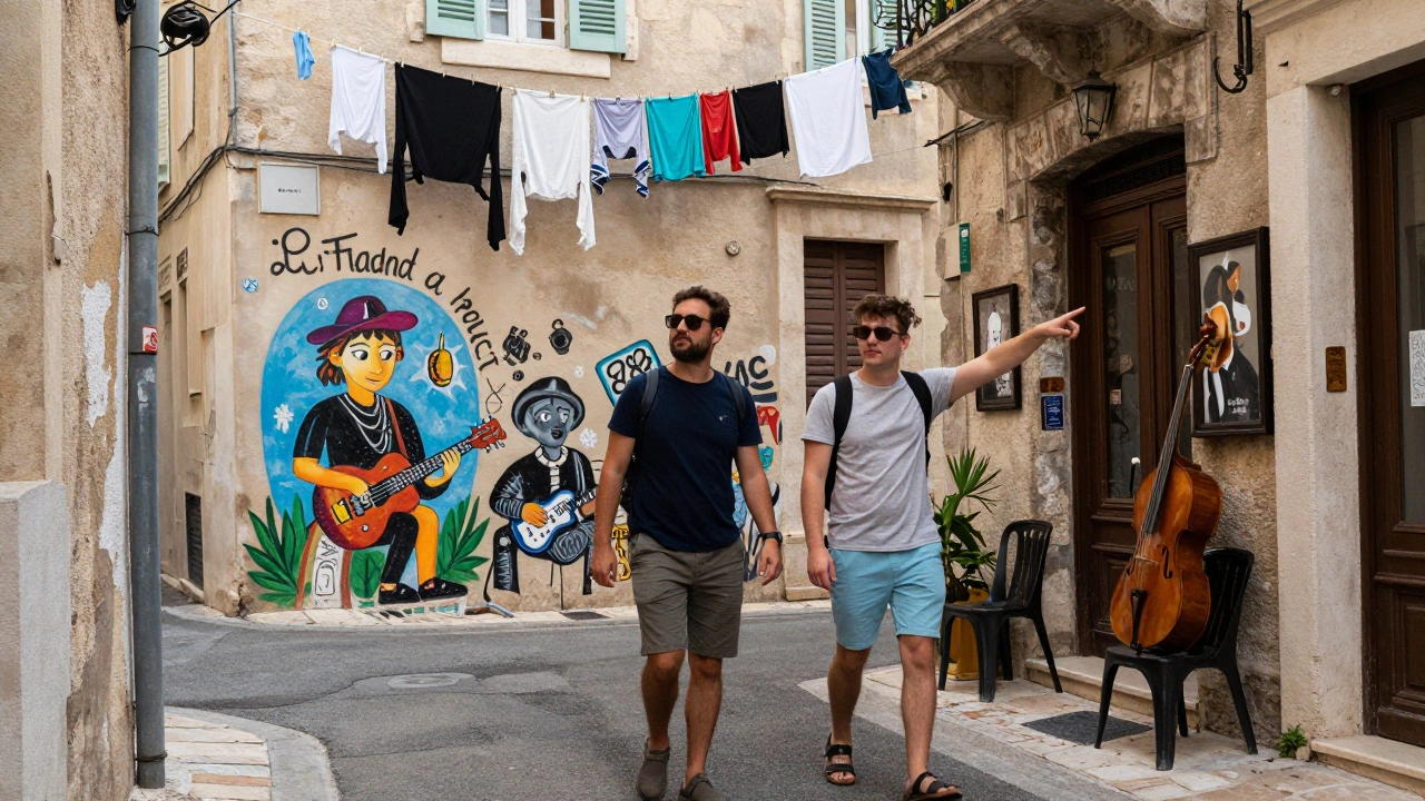 A guide and traveler exploring colorful streets of Marseille with street art in background.