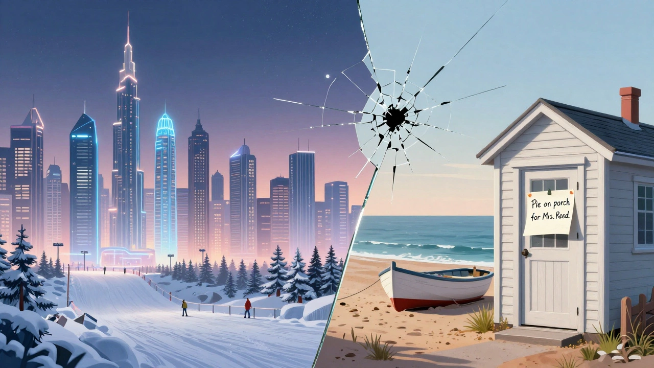 Contrasting image of futuristic Dubai skyline beside a humble Nova Scotia coastline.