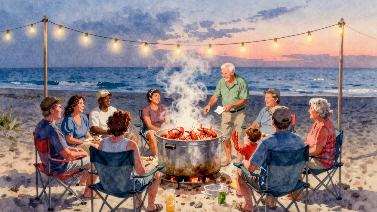 Neighbors sharing a beachside lobster boil at dusk with laughter and simple community warmth.
